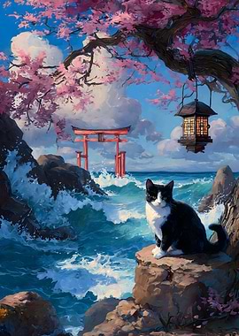 Cat by the Sea with Torii Gate