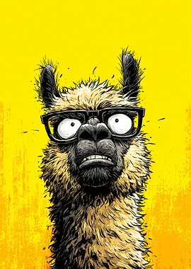 Cartoon Llama with Glasses on Yellow