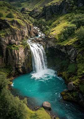 Turquoise Waterfall in Green Valley