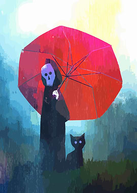 Grim Reaper and Cat in Rain