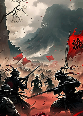 Samurai Battle Scene with Red Flags