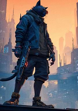 Cyberpunk Cat Warrior in Futuristic City