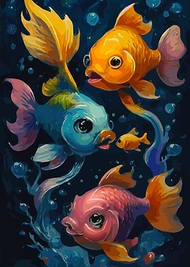 Colorful Cartoon Fish in Dark Blue Water