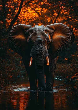 Elephant wading through water, forest background