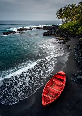 Red Boat on Black Sand Beach