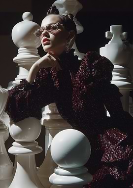 Woman with Chess Pieces Fashion Portrait