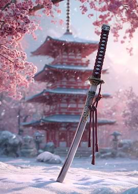 Katana in Snowy Japanese Garden