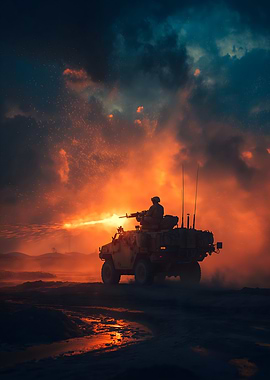 Military Vehicle Firing in Dramatic Landscape