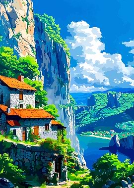 Picturesque Cliffside Village Landscape