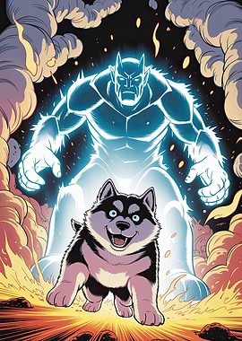 Cartoon Husky with Glowing Figure
