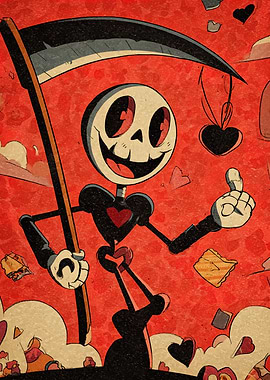Cartoon Grim Reaper with Hearts