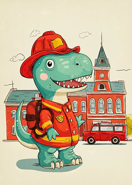 Cartoon Dinosaur Firefighter Illustration
