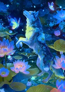 Wolf and Butterflies in Lily Pond