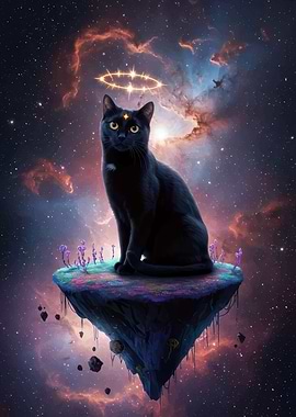 Celestial Black Cat on Floating Island