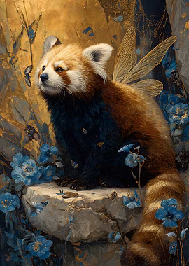 Red Panda Fairy with Blue Flowers