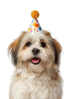 Lhasa Apso Dog with Birthday Hat