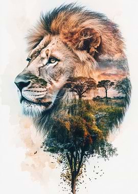 Lion and Savannah Double Exposure Art