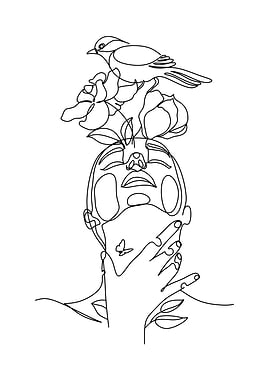 Line Art: Woman, Bird, and Flowers