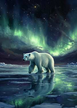 Polar Bear Under Aurora Borealis