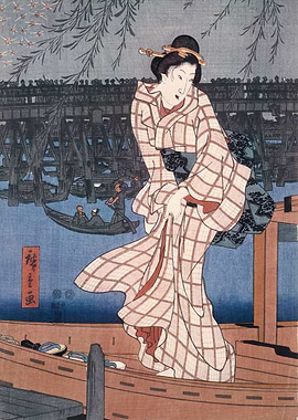 Japanese Woodblock Print: Evening on the Sumida river. Utagawa Hiroshige
