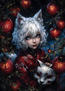 Fox Girl with Mask and Lanterns