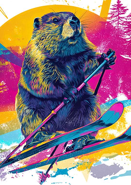 Colorful Beaver Skiing Illustration
