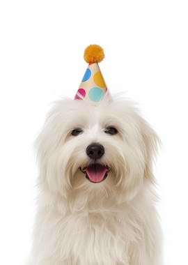 Coton de Tulear Dog with Party Hat