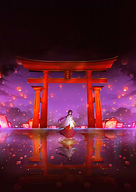 Japanese Torii Gate with Woman Reflection