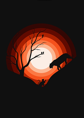 Silhouette Landscape with Animals and Tree