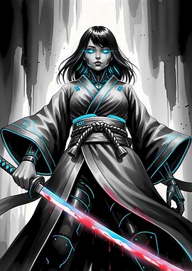 Cyberpunk Samurai Girl with Bloody Katana