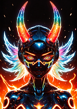 Cyberpunk Demon Girl with Rainbow Accents