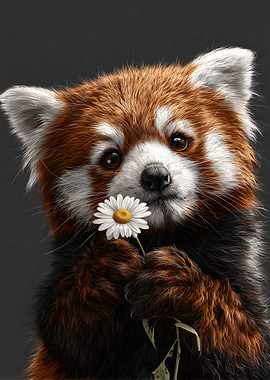 Red Panda with Daisy Flower Portrait