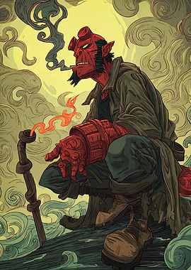 Hellboy Crouching with Pipe and Cigarette