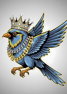 Cartoon Bird with Crown and Chains