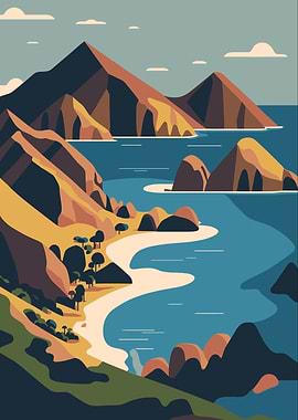 Coastal Mountain Landscape Illustration