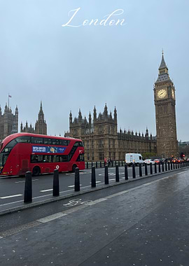 London cityscape with Big Ben and bus