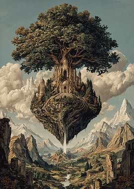 Floating Island Castle with Waterfall