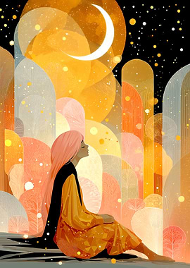 Fantasy Dreaming Girl Under Crescent Moon