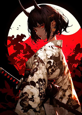Demon Girl with Katana and Kimono