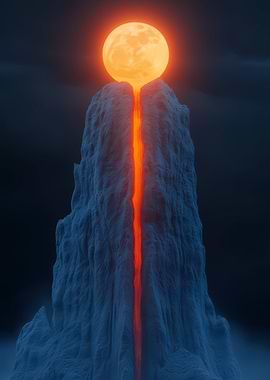 Glowing Moon over Mountain with Lava