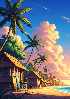 Tropical Beach Huts and Palm Trees