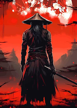 Samurai Warrior in Red Landscape