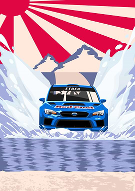 Blue Rally Car Water Splash Illustration