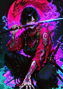 Tattooed Warrior with Dragon and Katana