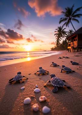 Baby Turtles on Beach at Sunrise