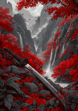 Katana in Red and Gray Landscape