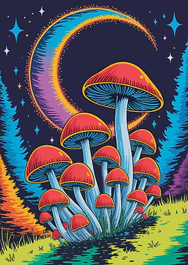 Psychedelic Mushroom Forest with Crescent Moon