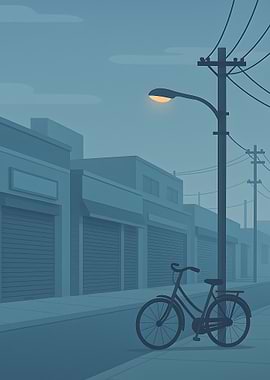 Blue Cityscape with Bicycle and Streetlight