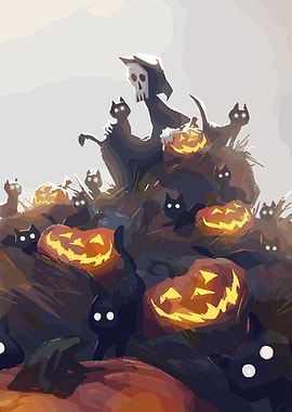 Halloween Cats and Pumpkins with Grim Reaper
