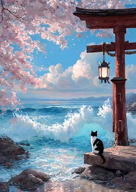 Cat by Torii Gate and Ocean